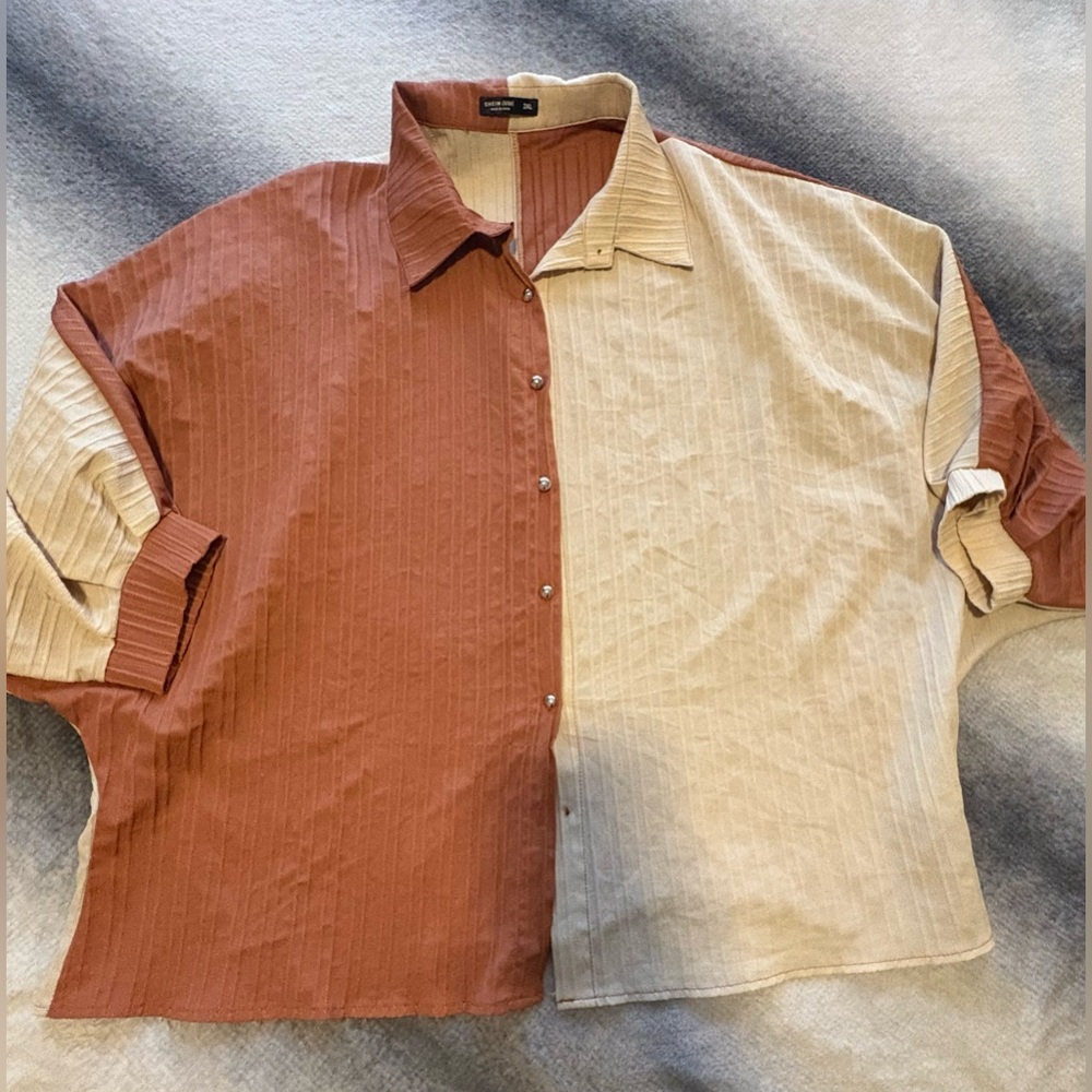 Shein Curve Cream Brown Colorblock Oversized Blouse Top Shirt 2XL (A3)‎